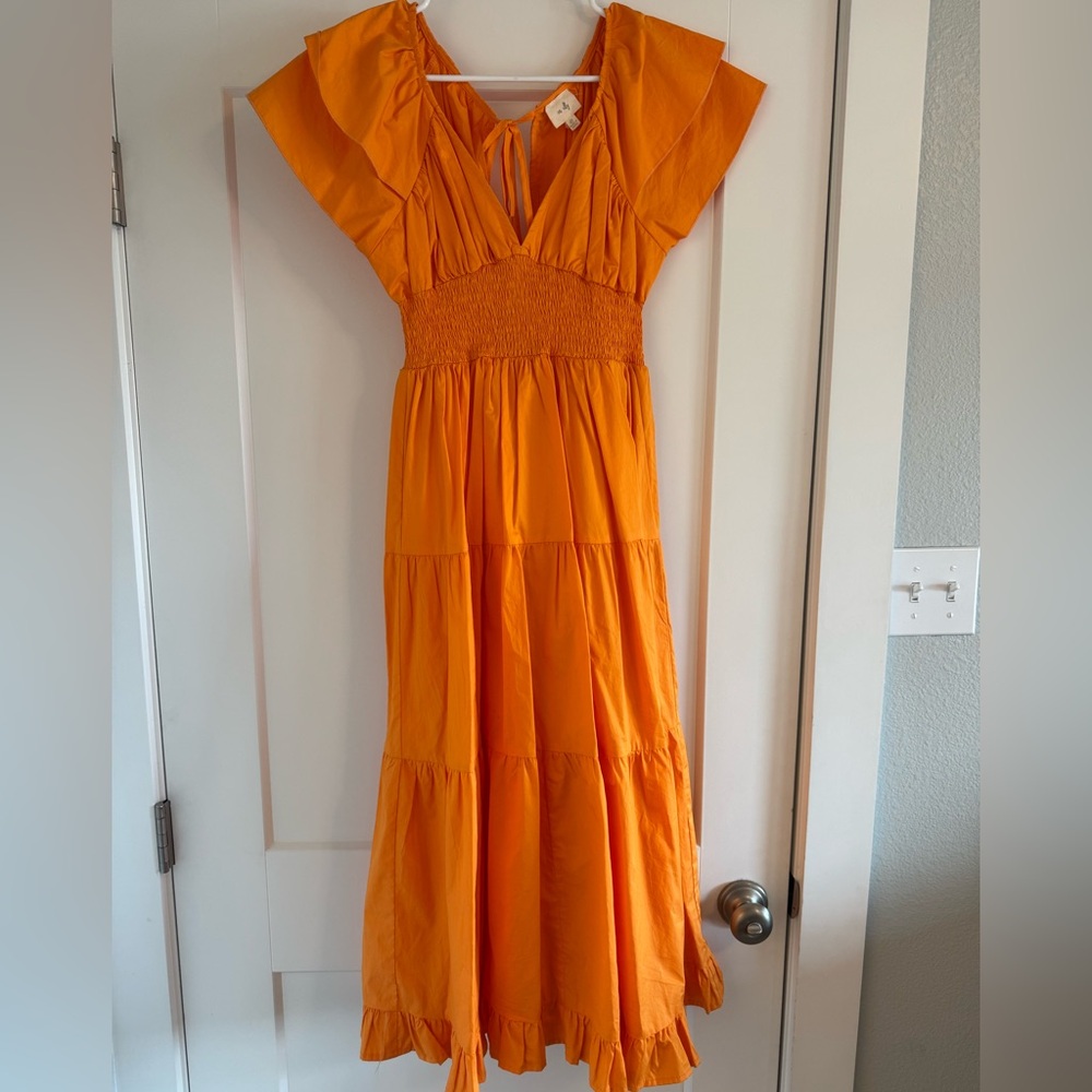 Anthropologie Orange Tiered Maxi Dress with Flutter Sleeves